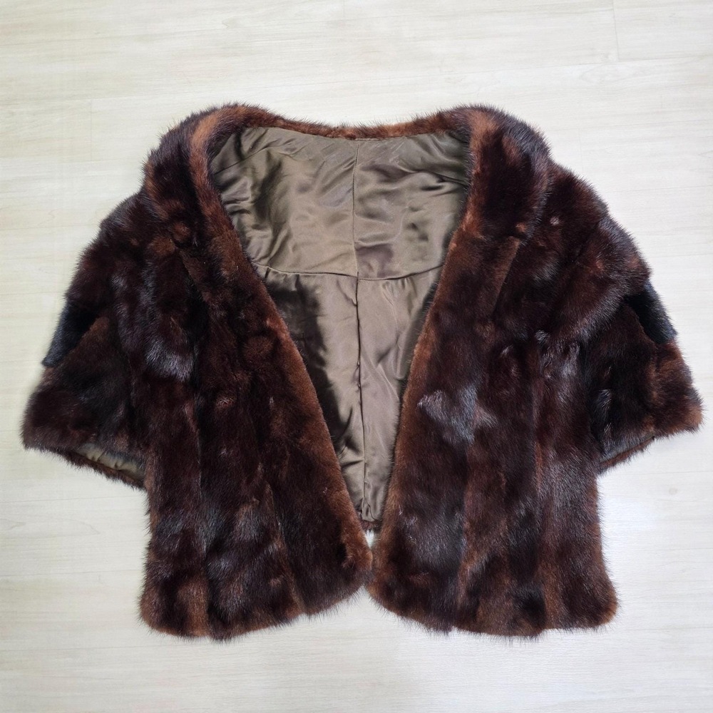 Vintage Mink Fur Stole Wrap Mahogany Brown Black Striped Rhinestone Button Cape